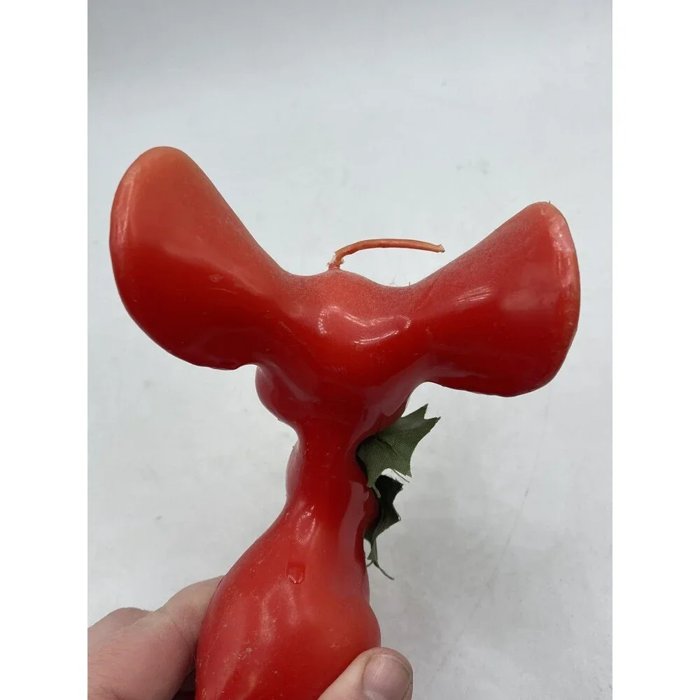 Vintage Red Mouse w/ Big Ears Holding Holly Figure Candle  5.5” Tall -